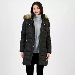 MICHAEL KORS L Women's Grey Puffer Coat Faux Fur Hood JACKET